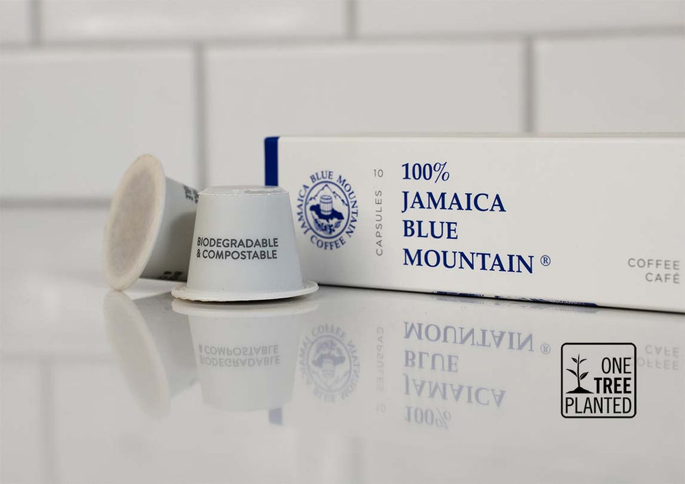 Compostable and Biodegradable with certified Jamaica Blue Mountain Coffee. For every box purchased a tree will be planted.