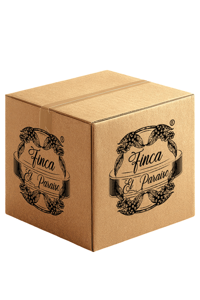 Brown cardboard box with 'Finca El Paraíso' branding on a black background