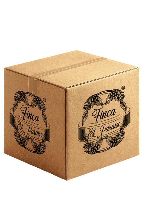 Brown cardboard box with 'Finca El Paraíso' branding on a black background