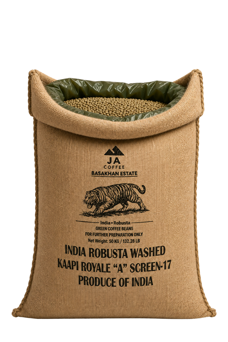 Sac de 60 kg de grains de café vert Robusta Kaapi Royale A Screen 17 d’Inde, lavé - Vente en gros