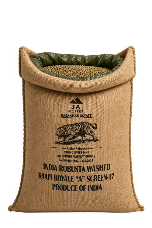 Sac de 60 kg de grains de café vert Robusta Kaapi Royale A Screen 17 d’Inde, lavé - Vente en gros