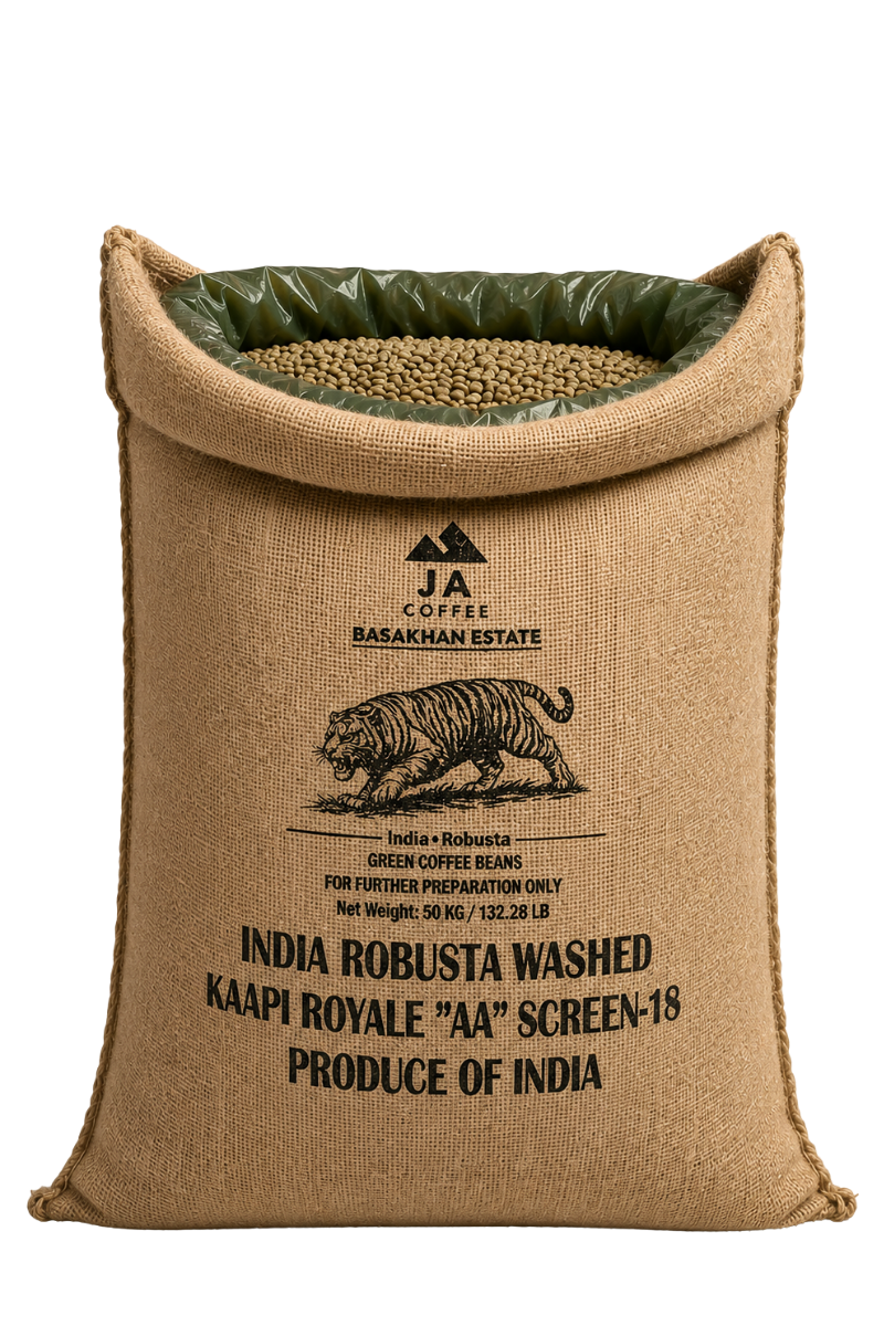 Sac de 60 kg de grains de café vert Robusta Kaapi Royale AA Screen 18 d’Inde, lavé - Vente en gros