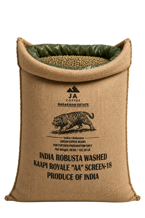 Sac de 60 kg de grains de café vert Robusta Kaapi Royale AA Screen 18 d’Inde, lavé - Vente en gros