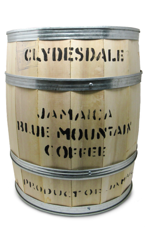 Barrel of Clydesdale Estate Jamaica Blue Mountain Green Coffee Beans, Grade 1, natural and unroasted wholesale coffee beans.