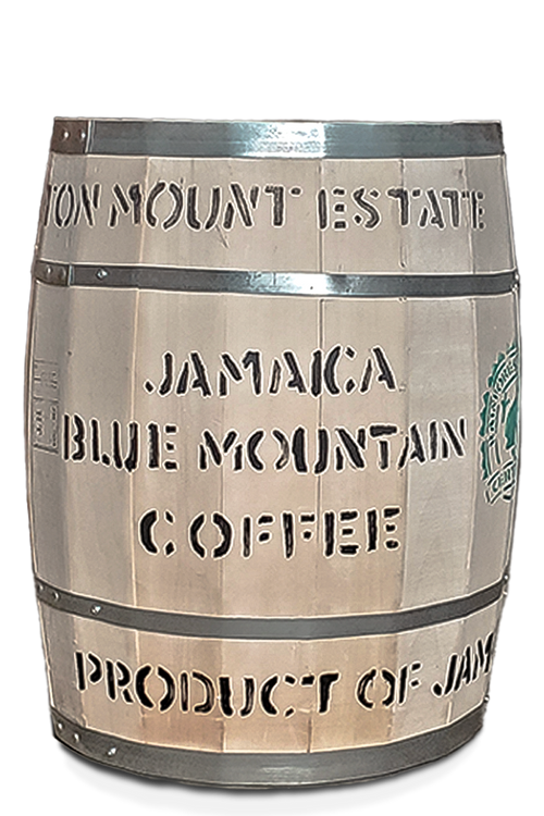 Barrel of Clifton Mount Estate Jamaica Blue Mountain green coffee beans from Naturals Grade 1, wholesale green coffee beans.